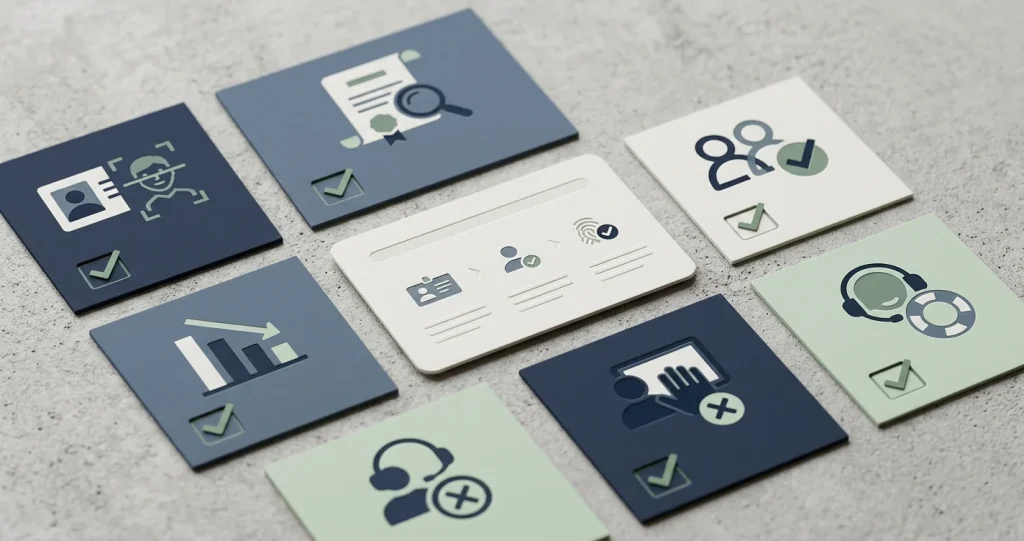 Illustration of a casino trust checklist with licence, verification, limits and support symbols