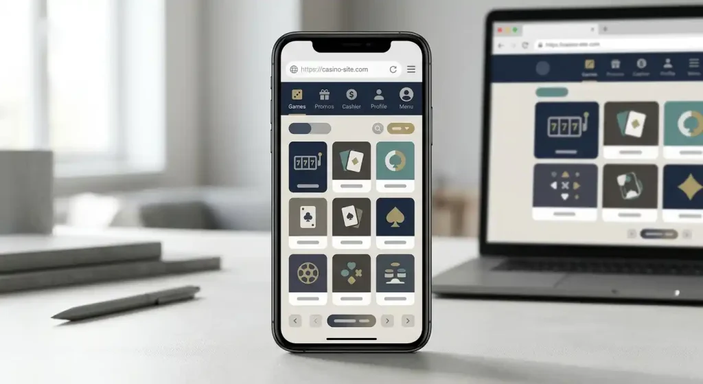 Illustration of a smartphone showing a generic browser-based casino layout without logos or text