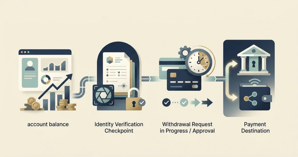 Illustration of a withdrawal journey from casino balance through verification to a bank account