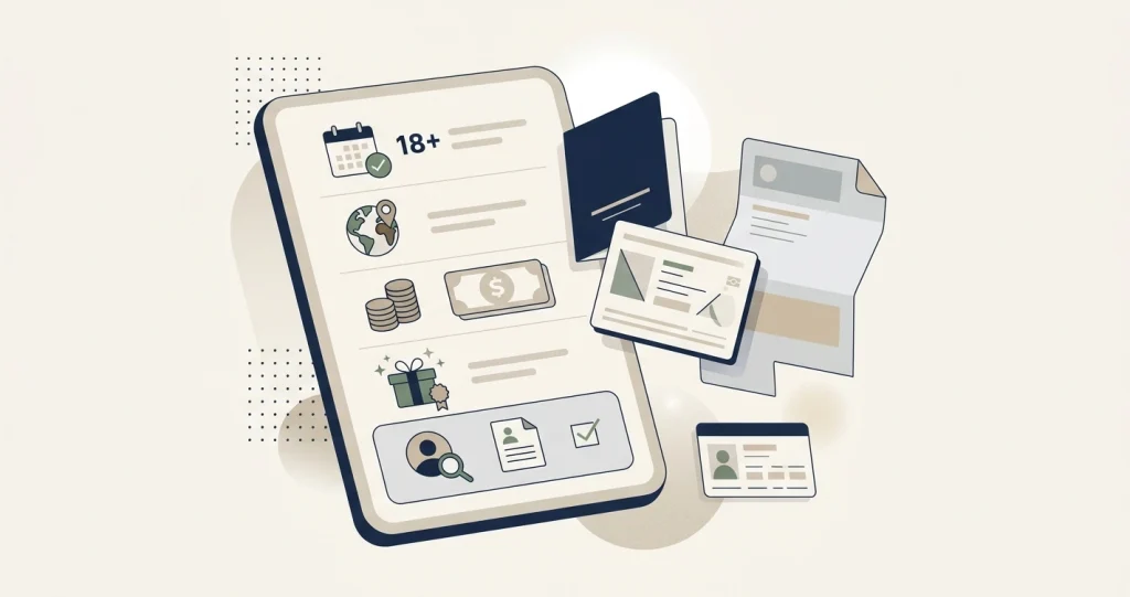 Illustration of an online account signup checklist with age, territory, currency and identity steps