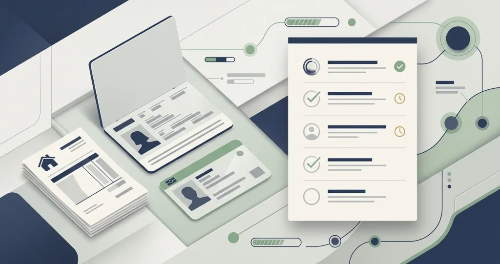 Illustration of identity and address documents beside a verification checklist