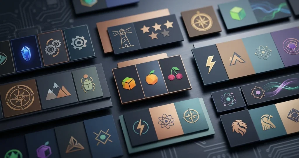 Illustration of varied slot-game concepts without real game artwork, logos or text